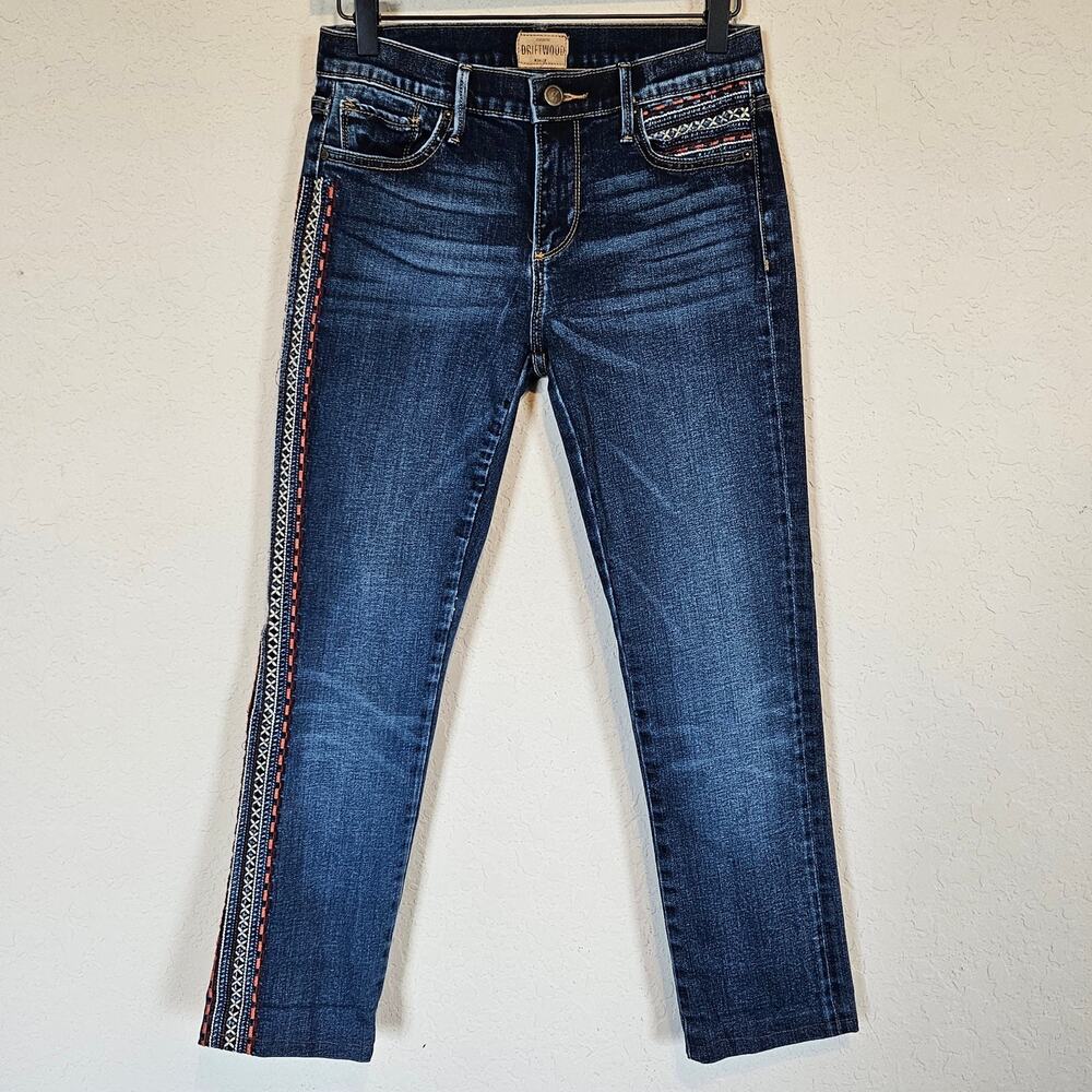 Driftwood Embroidered Slim Straight Jeans Women's 26 Boho Chic Casual